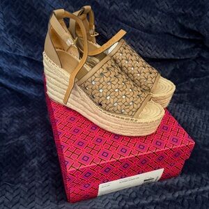 Tory Burch Tan and Cream Wedge Sandals
